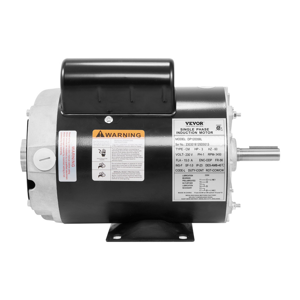 VEVOR Motor eléctrico de compresor de aire de 3 HP, 230 V, 15 amperios, 56 marcos 3450 RPM, eje con llave de 5/8 pulgadas, rotación CW/CCW, longitud del eje de 1,88 pulgadas