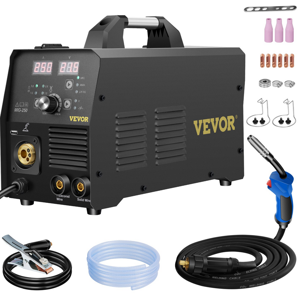 VEVOR Soldadora inversora MIG de 250 amperios 3 en 1 fundente/gas/alambre sólido de 220V con inversor IGBT y antorcha, soldador multiproceso digital MIG/Lift TIG/Stick