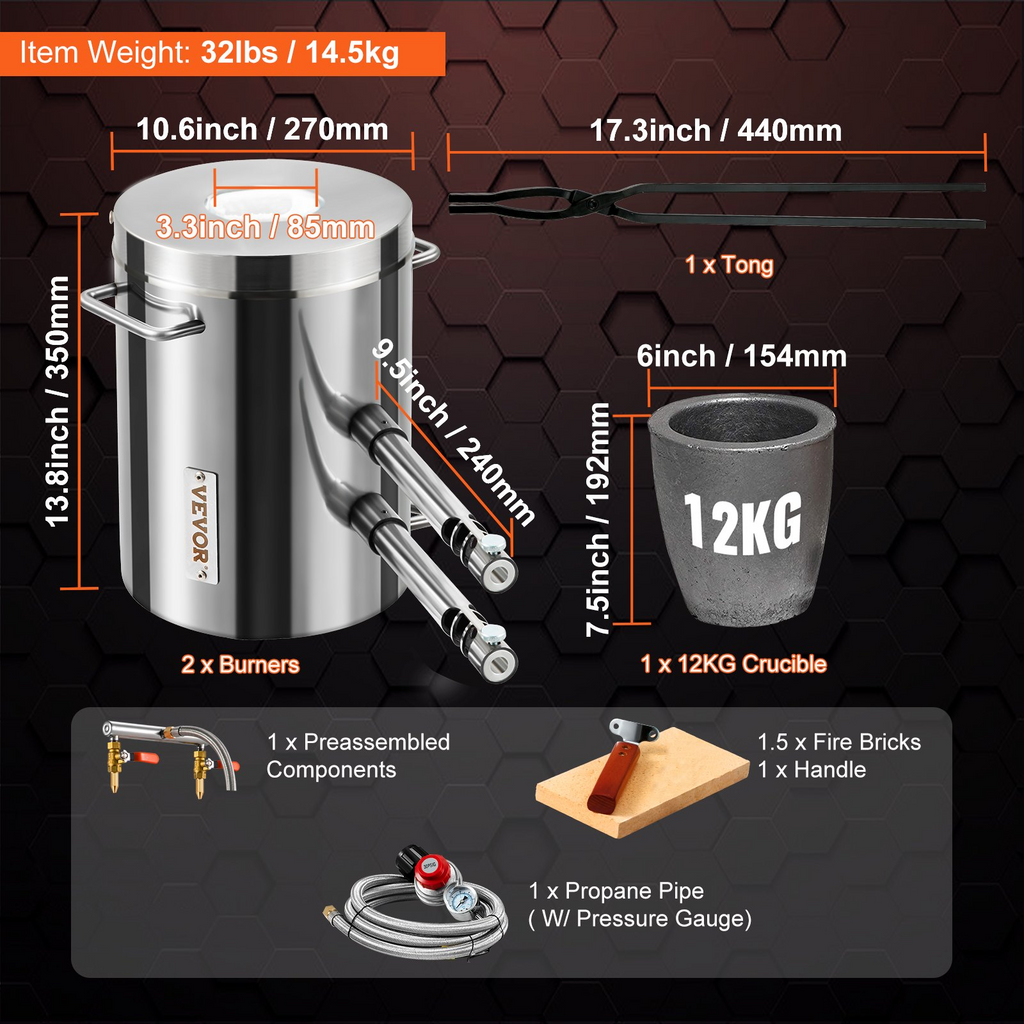 VEVOR 12KG Kit de horno de fundición de propano horno de fusión quemadores dobles 2700℉