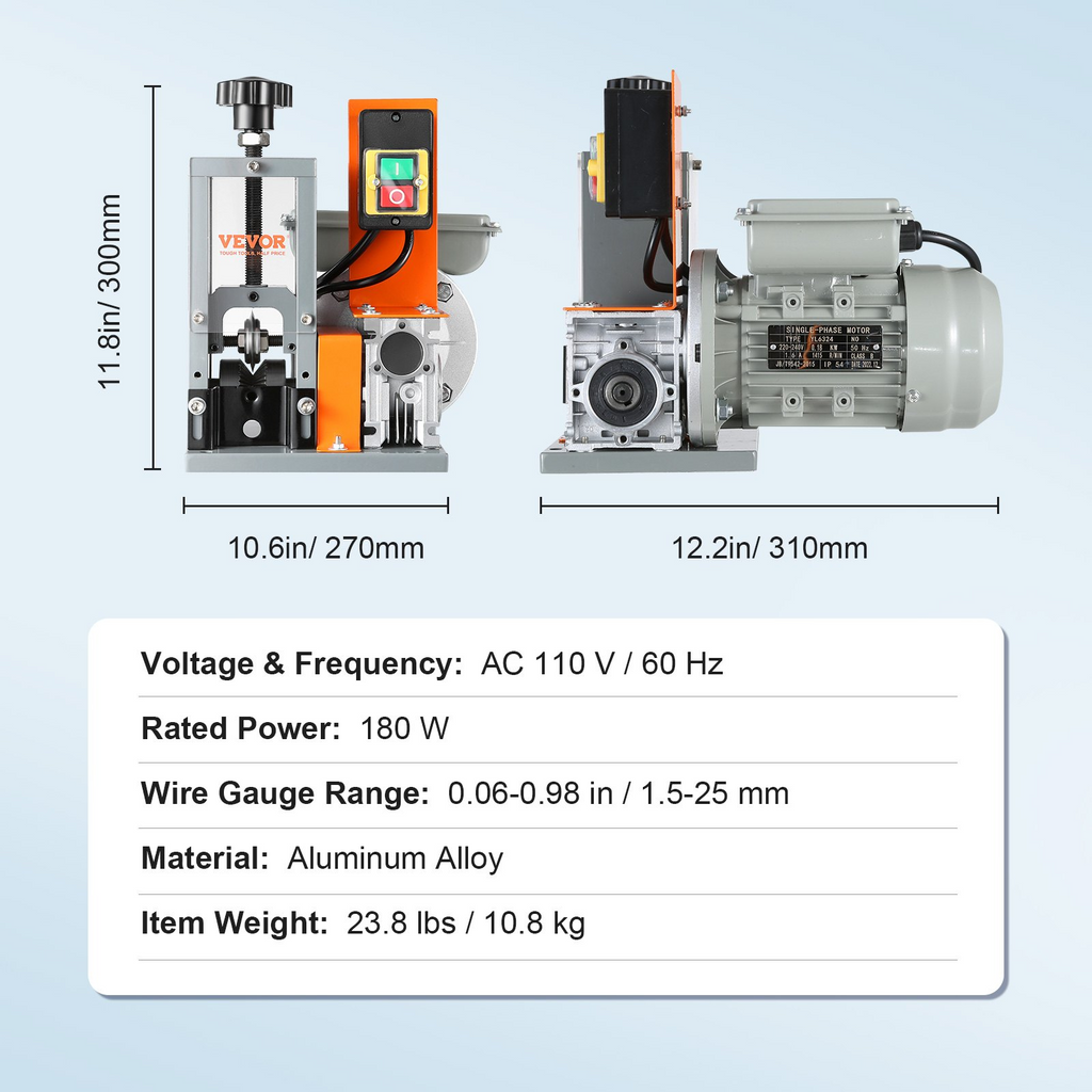 VEVOR Máquina Pelacables Automática, Motorizado Eléctrico de 0.06''-0.98'', 180 W, Pelador de Cables de 60 pies/min