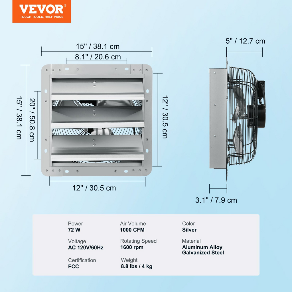 VEVOR Ventilador de Aluminio para Montaje en Pared de 12'', Alta Velocidad 1000 CFM con Motor de CA