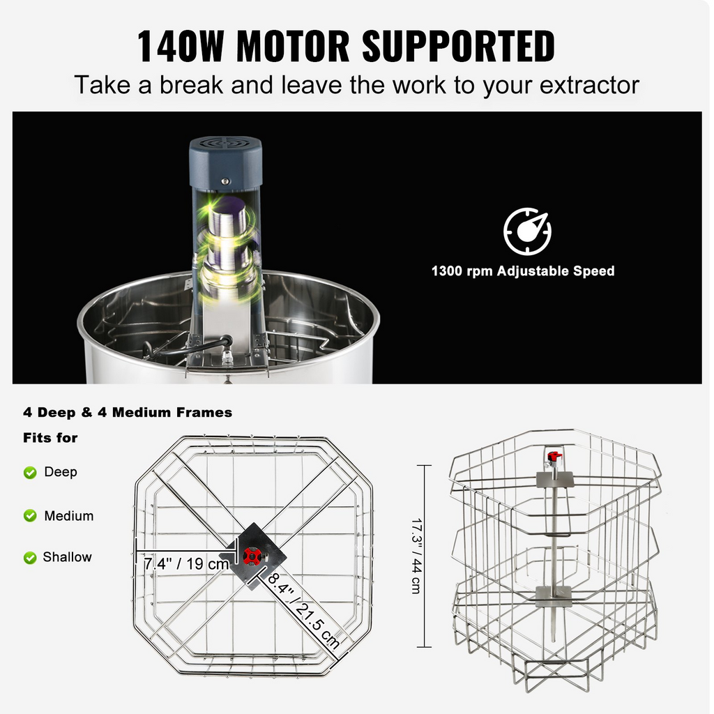 VEVOR Extractor de miel eléctrico, 4/8 marcos, extracción de apicultura de acero inoxidable, equipo de centrífuga apiario con soporte ajustable en altura, tambor de panal con tapa