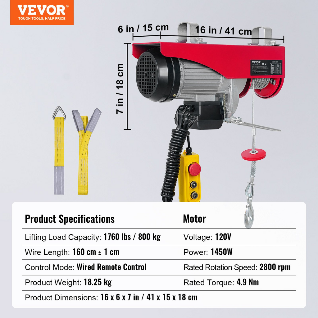 VEVOR Polipasto eléctrico de 1760 libras con control remoto con cable de 14 pies,  de 110 voltios con altura de elevación de cable único de 40 pies