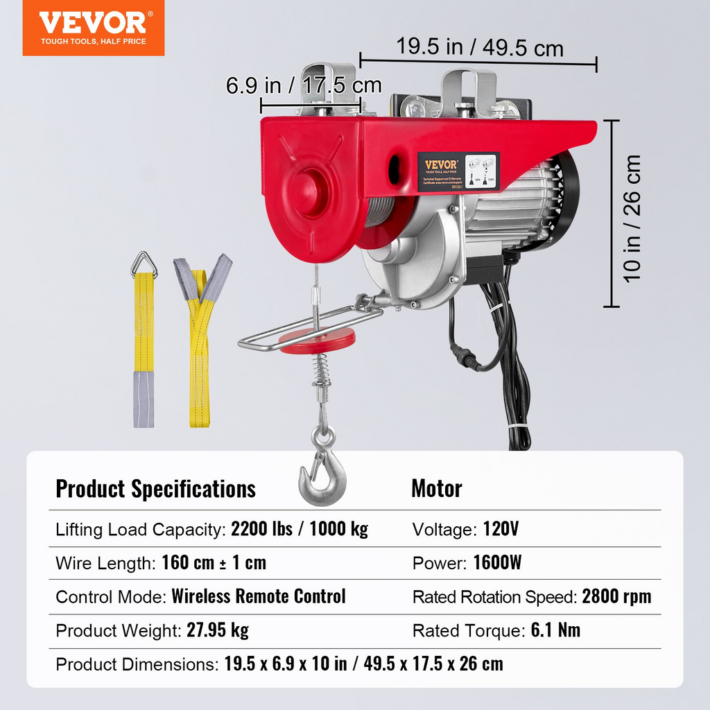 Polipasto eléctrico VEVOR, capacidad de elevación de 2200 libras alambre de acero de 1600 W 110V con control remoto inalámbrico cable único de 40 pies