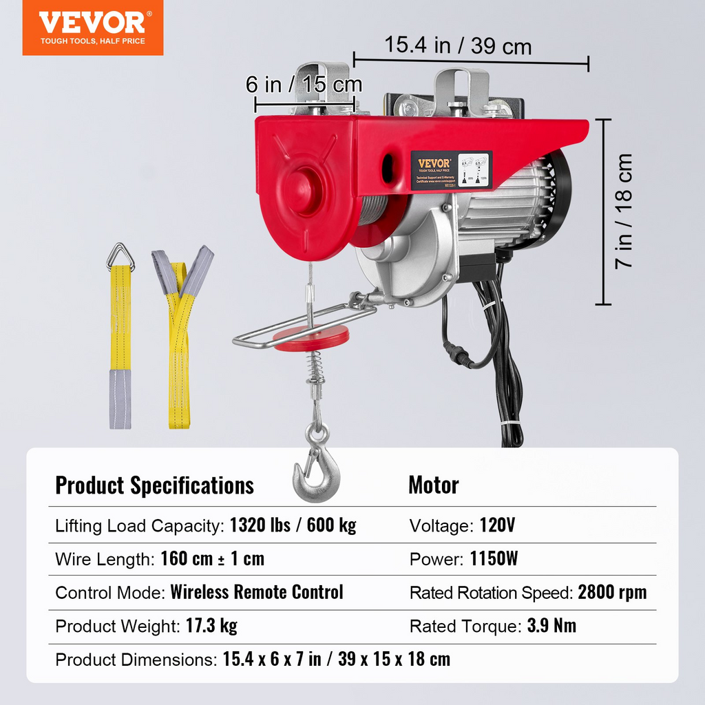 VEVOR Polipasto eléctrico capacidad de elevación de 1320 libras, cabrestante eléctrico de alambre de acero de 1150 W 110 V con control remoto inalámbrico, altura de elevación de un solo cable de 40 pies