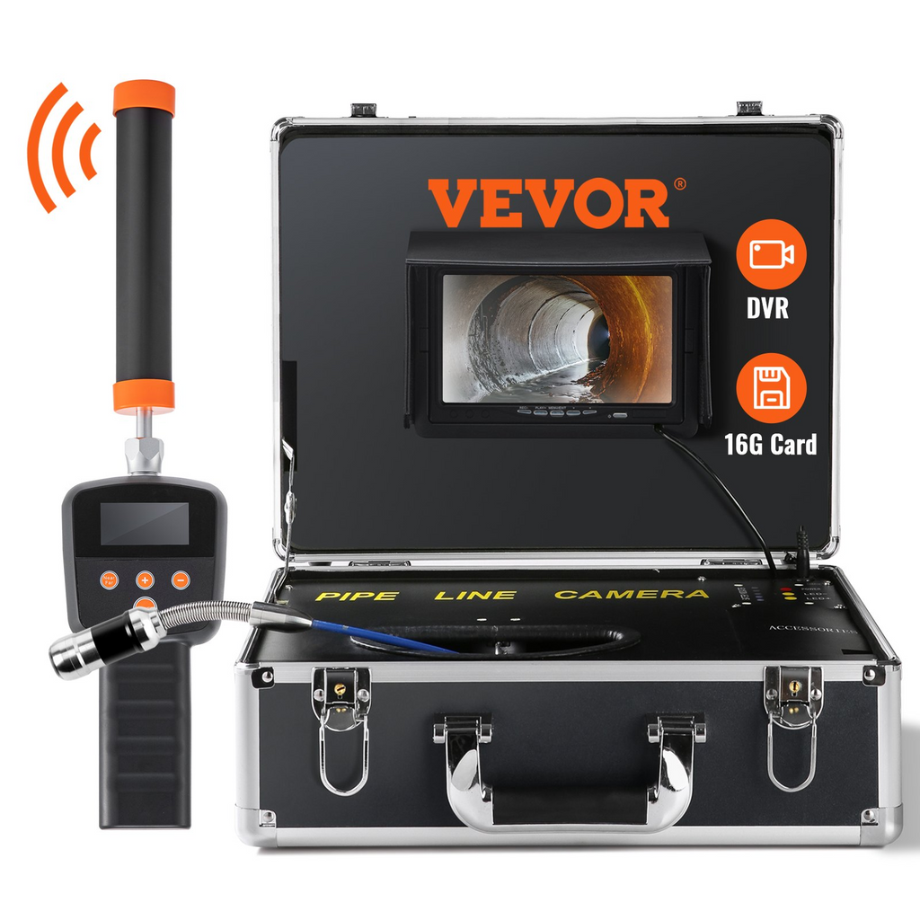 cámara de inspección de tuberías de 7" con función DVR VEVOR  de 512 Hz, 131 pies/40 m, cámara IP68 con 12 LED ajustables, una tarjeta SD de 16 GB