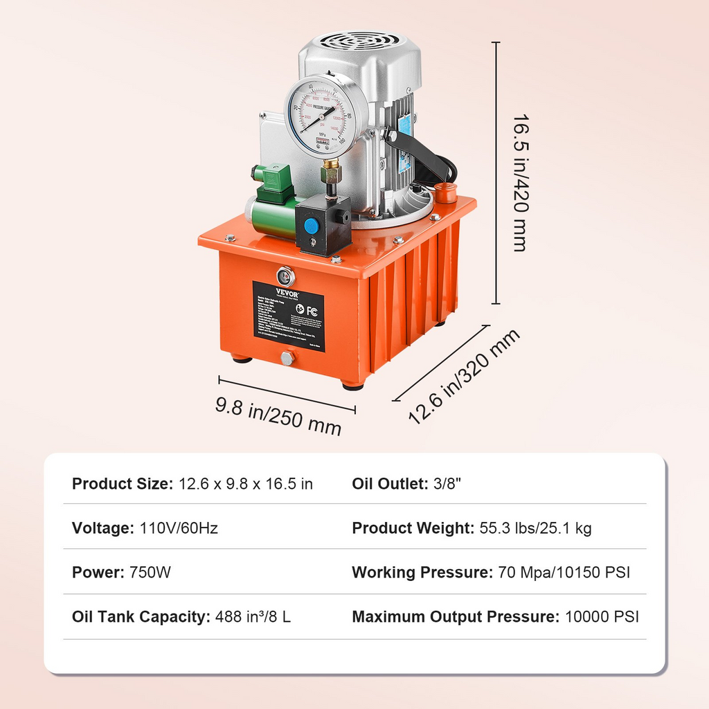 Bomba hidráulica eléctrica VEVOR, 10000 PSI 750W 110V 488 in³/8L de capacidad, válvula solenoide de acción simple, con interruptor de pedal para punzonadora/dobladora