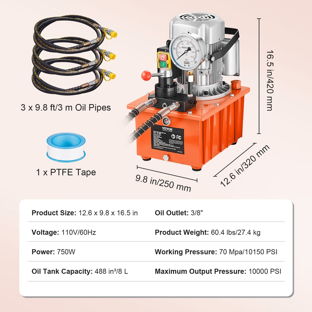 Bomba hidráulica eléctrica VEVOR 10000 PSI 750W 110V, 488 in³/8L de capacidad válvula manual de doble acción interruptor de palanca para máquinas de punzonado/doblado/gato