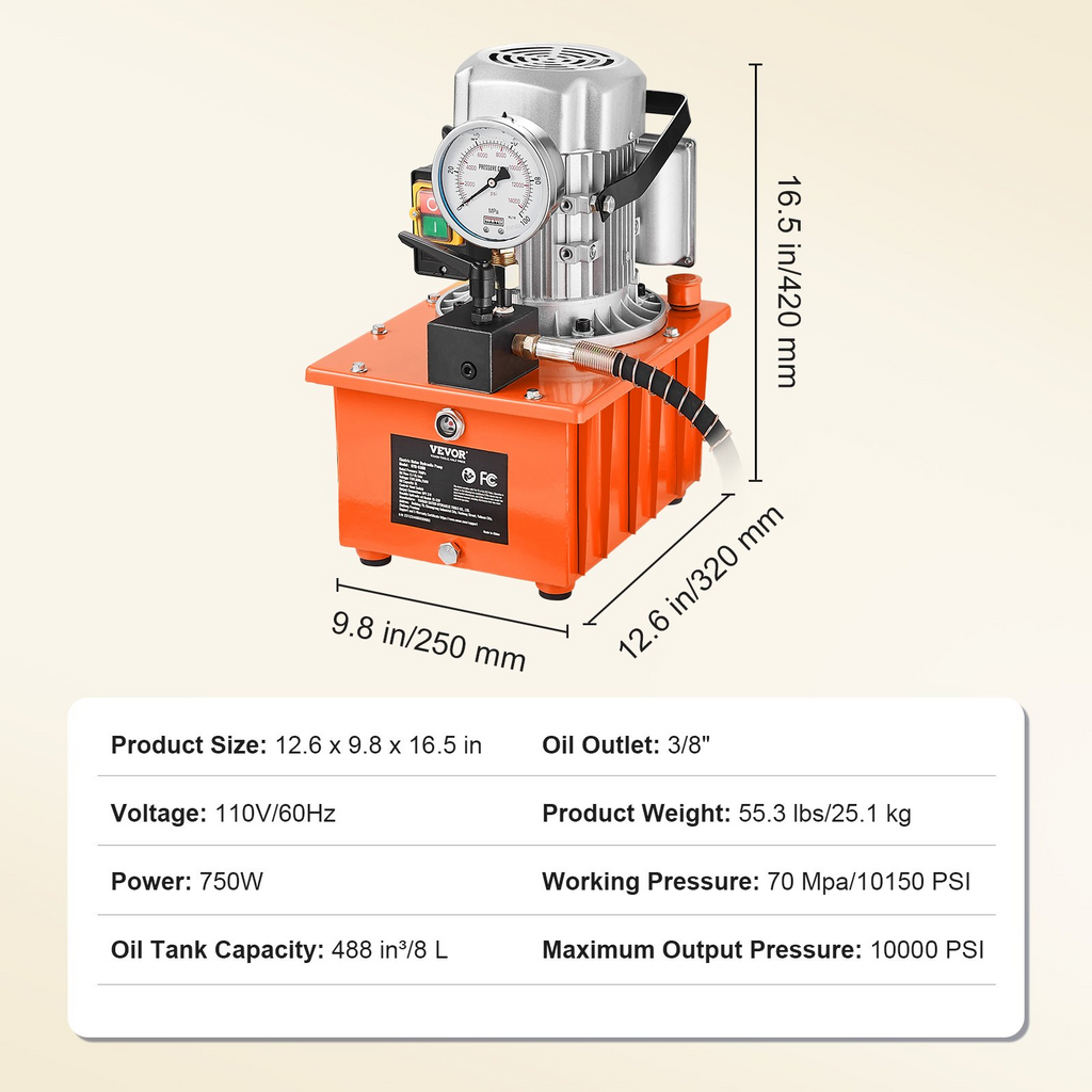 VEVOR Electric Hydraulic Pump, 10000 PSI 750W 110V, 488 in³/8L Capacity, Single Acting Manual Valve, Electric Driven Hydraulic Pump Power Pack Unit with Lever Switch for Punching/Bending/Jack Machines