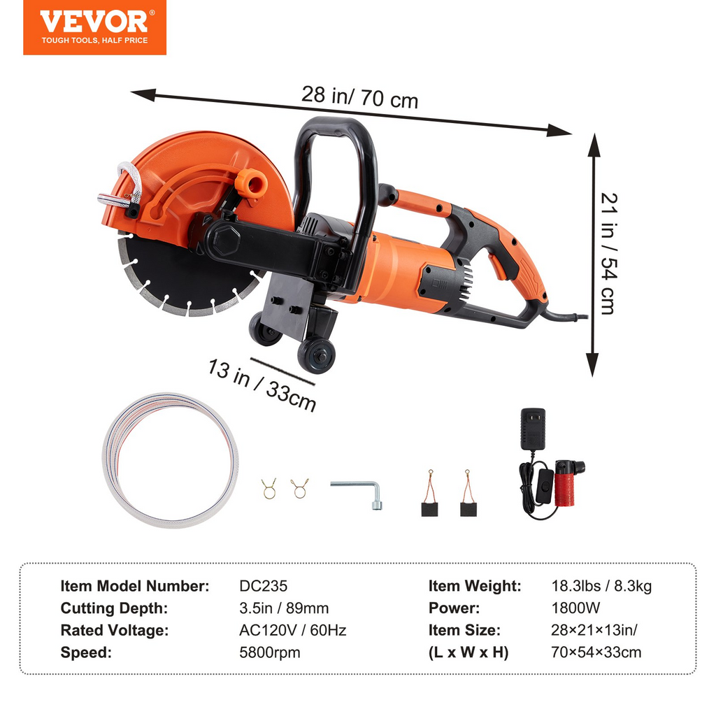 VEVOR Sierra eléctrica para hormigón, 9 pulgadas, 1800 W, 15 A, cortador de sierra circular con motor con profundidad de corte de 3,5 pulgadas, cortador de sierra de disco húmedo/seco, incluye línea de agua, bomba y hoja, para piedra, ladrillo