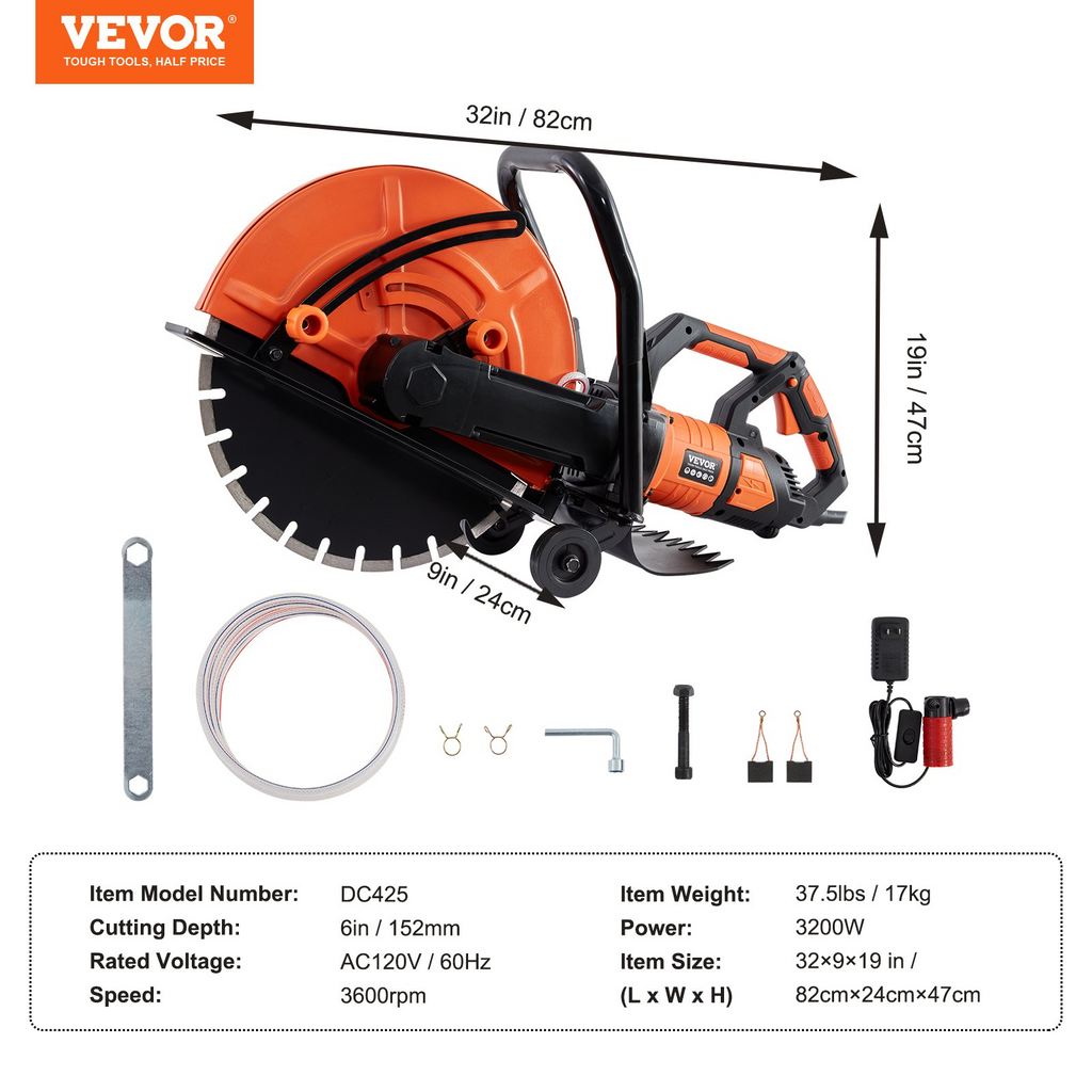 VEVOR Sierra eléctrica para hormigón, cortadora circular con motor de 16 pulgadas, 3200 W, 15 A, máx. Profundidad de corte ajustable de 6 pulgadas