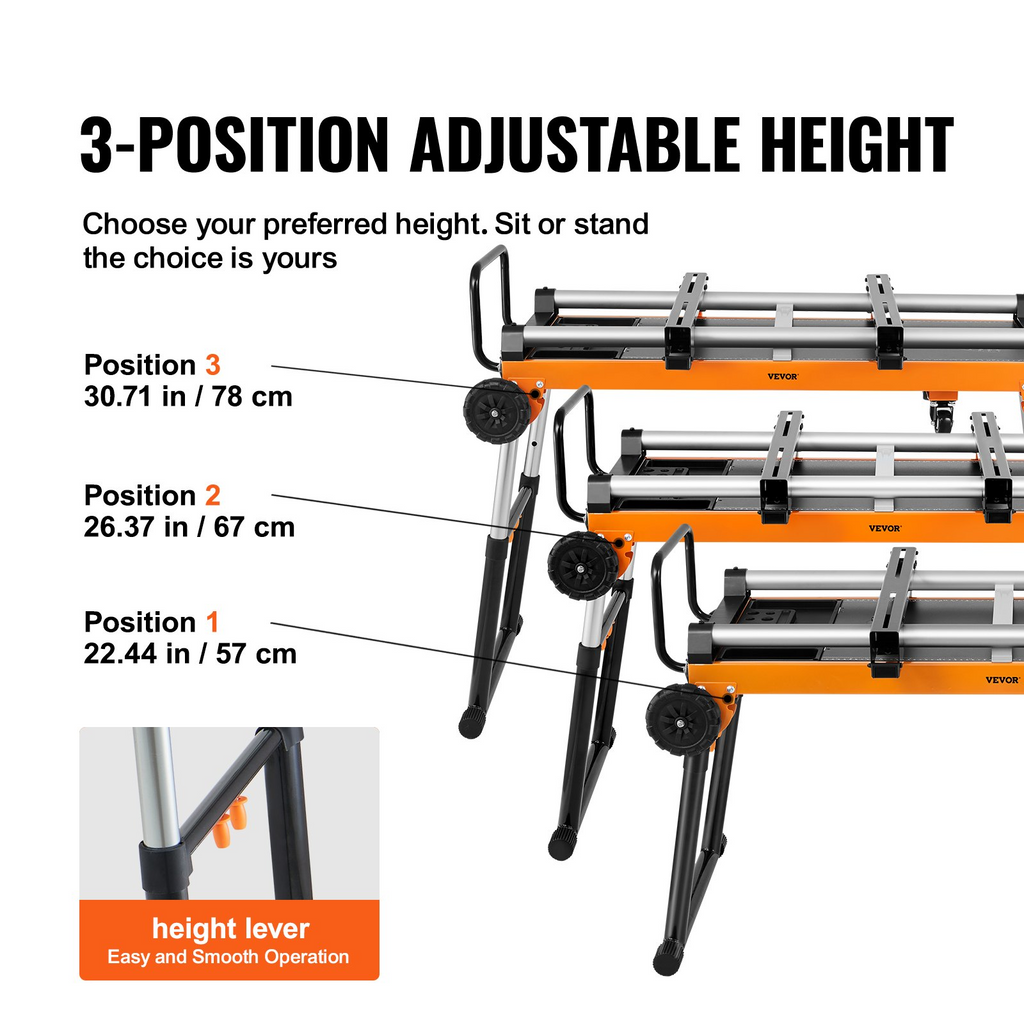 VEVOR Soporte para sierra ingletadora, soporte plegable para sierra ingletadora de 42 pulgadas con salidas integradas desmontable 5 en 1, altura ajustable, capacidad de carga de 330 libras