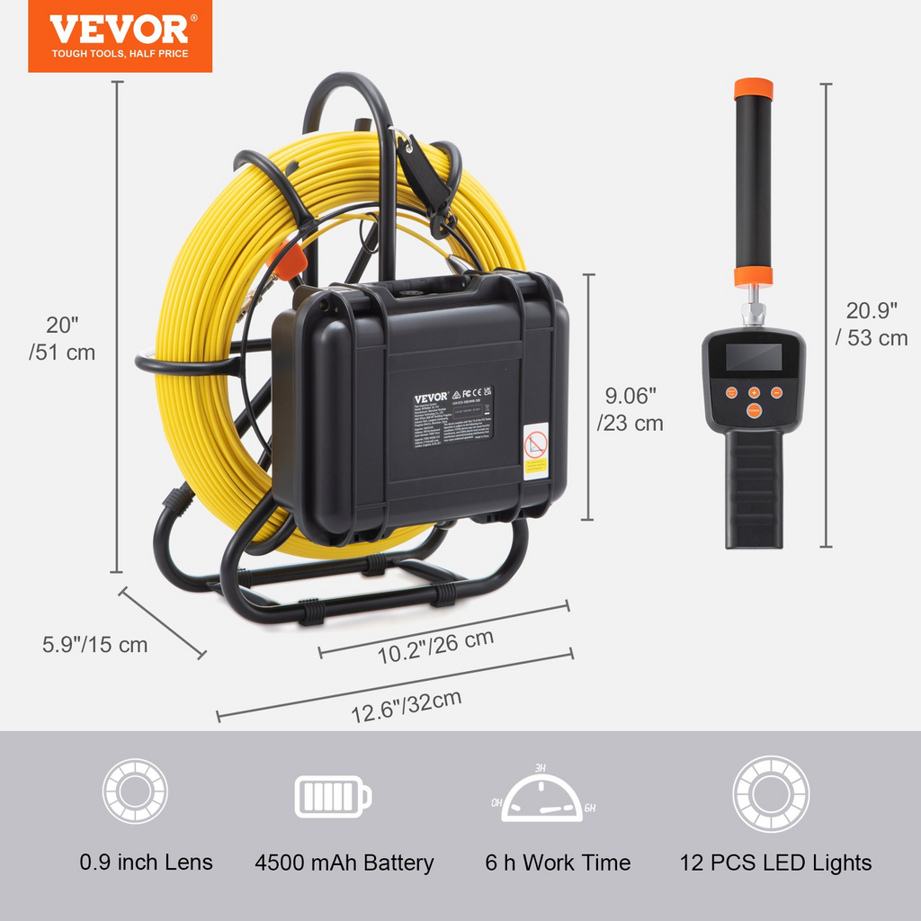 VEVOR Cámara de alcantarillado de tuberías con sonda de 512 hz Pantalla de 9 pulgadas 720p 300 pies