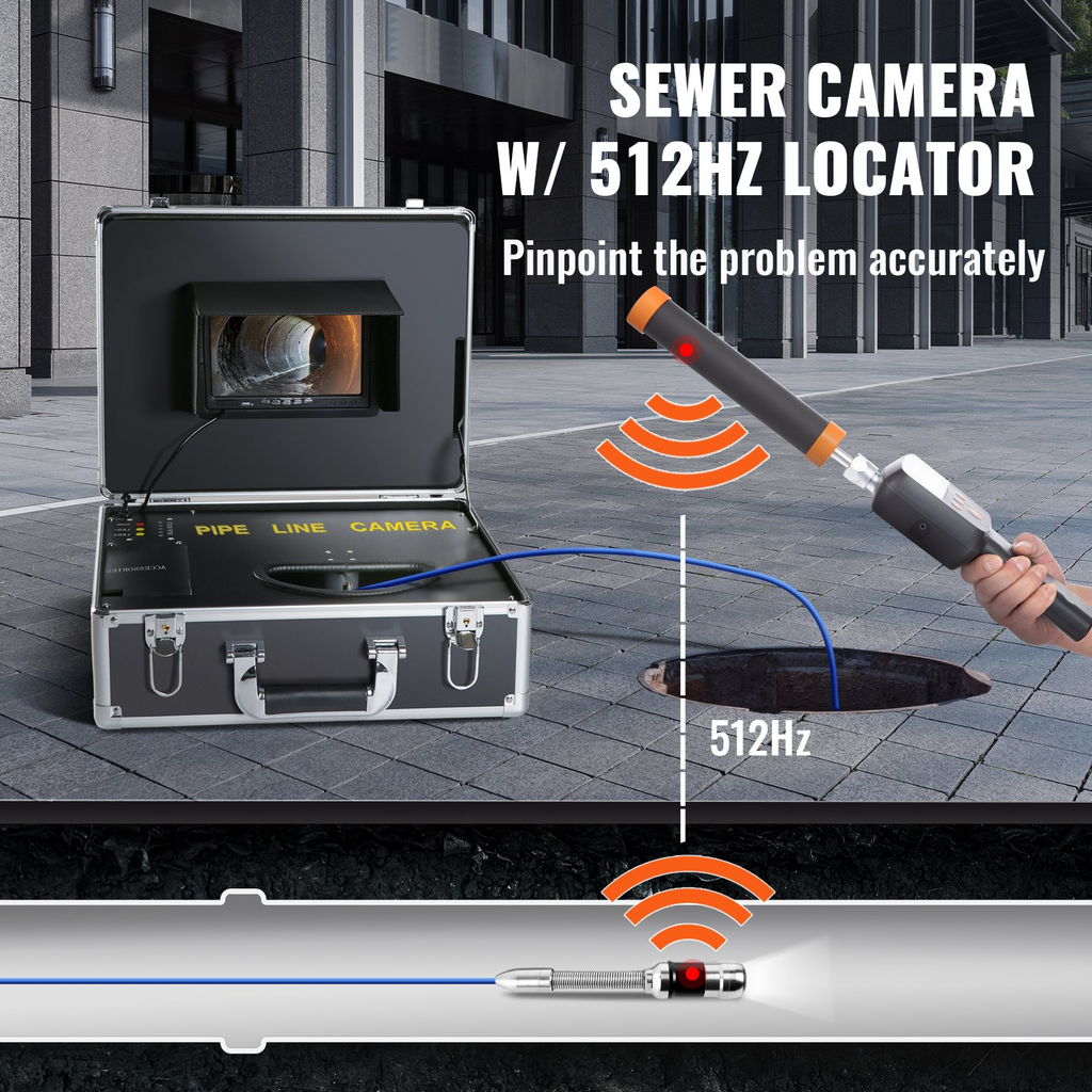 cámara de inspección de tuberías de 7 pulgadas con función DVR VEVOR con localizador de 512 Hz, 100 pies/30 m, cámara IP68 con 12 LED ajustables, una tarjeta SD de 16 GB