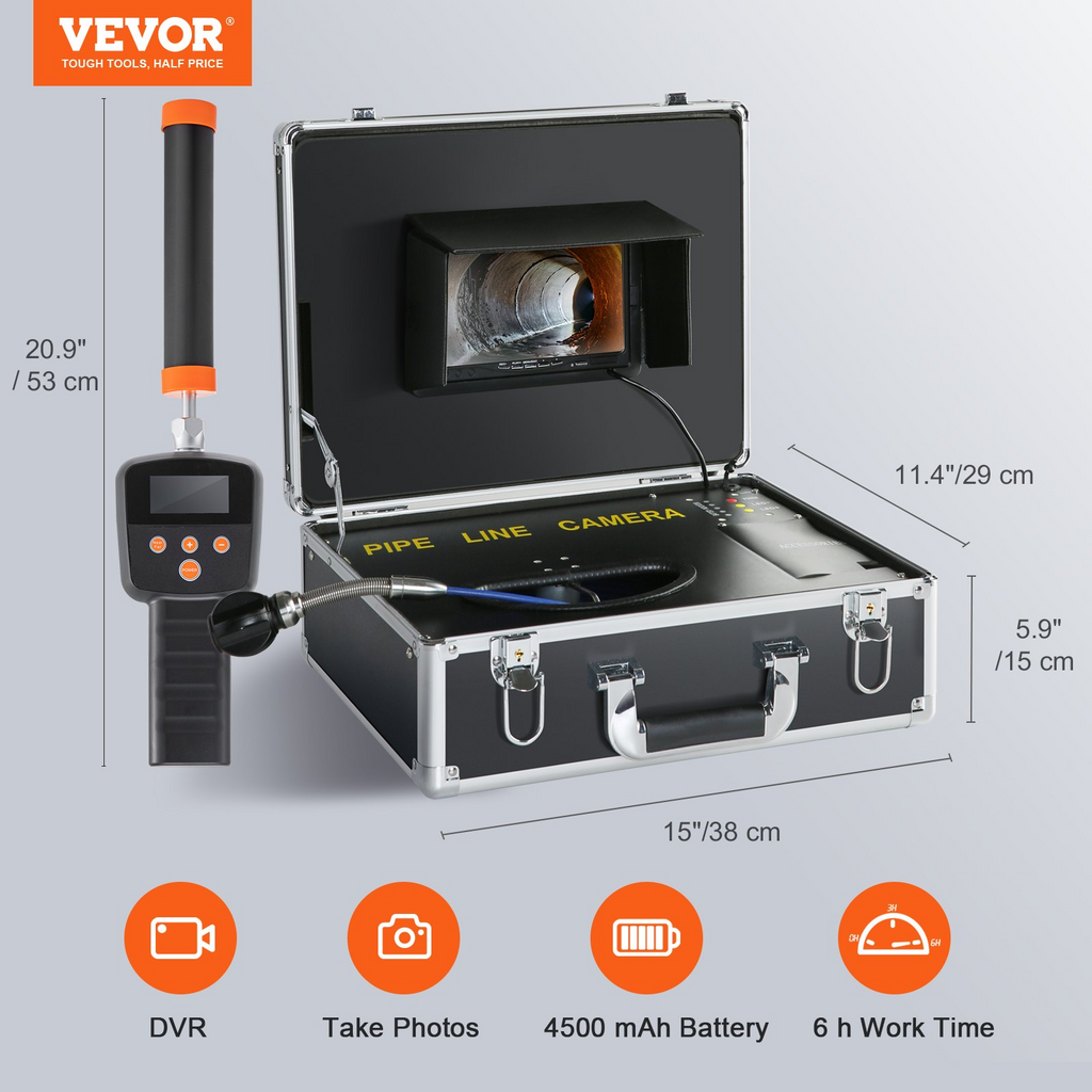 cámara de inspección de tuberías de 7 pulgadas con función DVR VEVOR con localizador de 512 Hz, 100 pies/30 m, cámara IP68 con 12 LED ajustables, una tarjeta SD de 16 GB