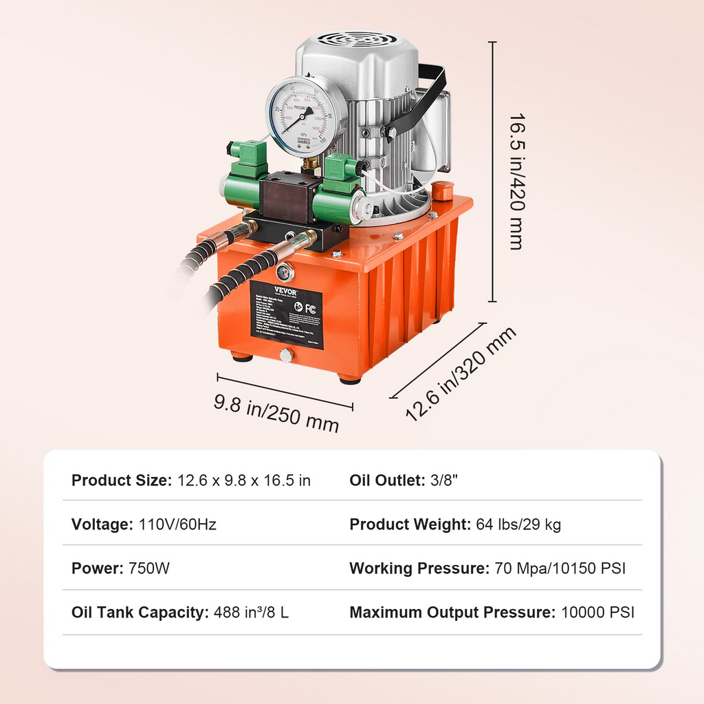 VEVOR Bomba hidráulica eléctrica, 10000 PSI 750W 110V 488 in³/8L de capacidad, válvula solenoide de doble acción, con interruptor de pedal para punzonadora/dobladora