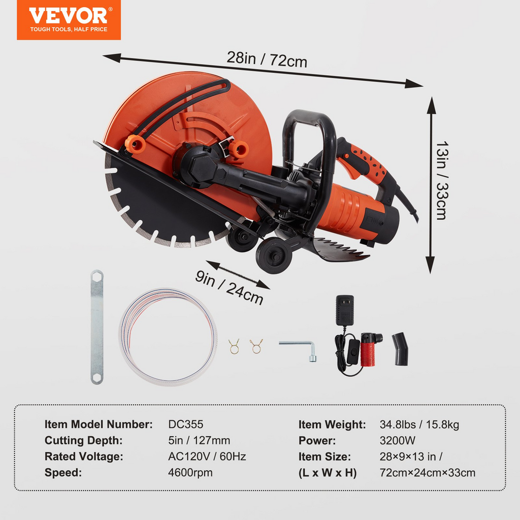 VEVOR Sierra eléctrica para hormigón, cortador de sierra circular de 14 pulgadas con profundidad de corte de 5 pulgada motor de 3200 W/15 A