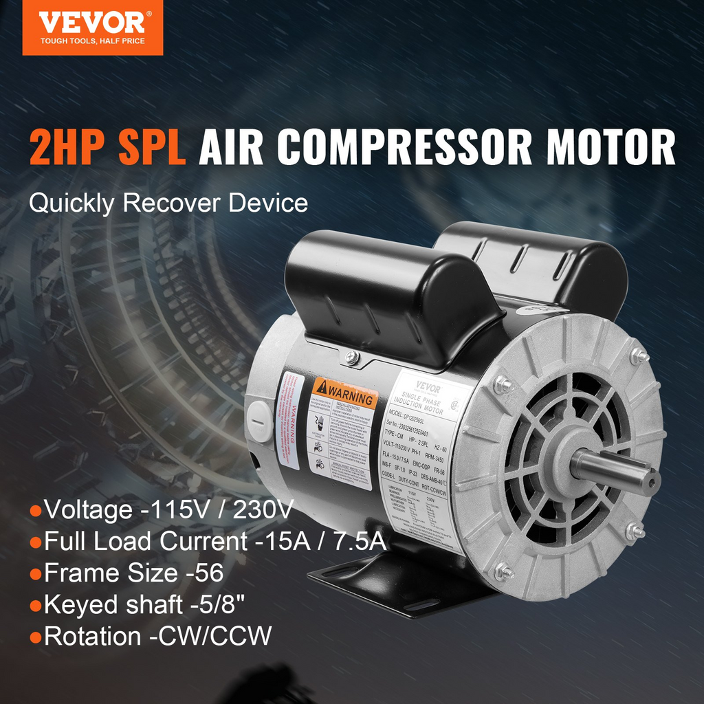 VEVOR 2HP motor eléctrico, 115/230V, 15/7.5Amps, 56 marco 3450RPM, eje con llave de 5/8", rotación CW/CCW, longitud del eje de 1.88" para compresores de aire