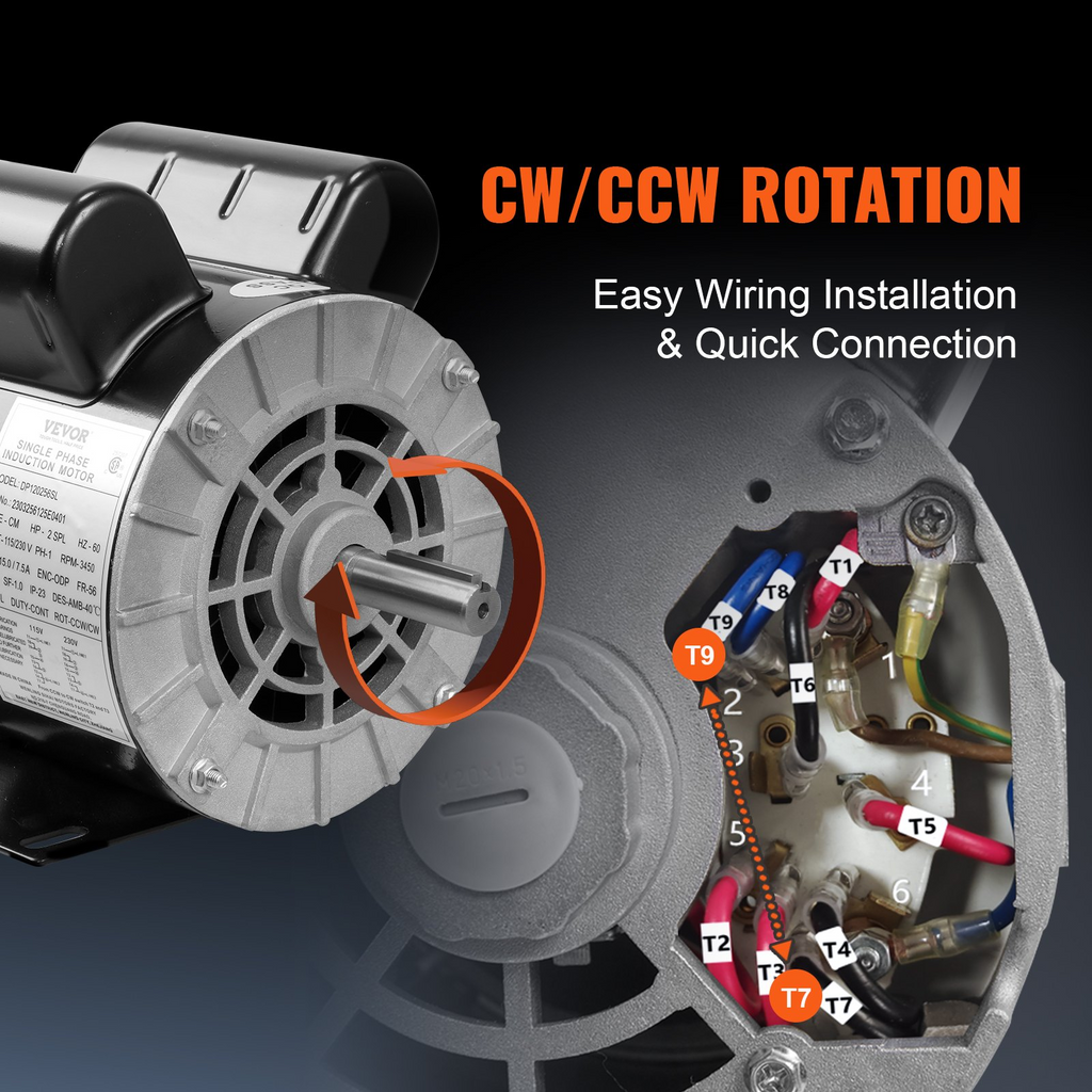 VEVOR 2HP motor eléctrico, 115/230V, 15/7.5Amps, 56 marco 3450RPM, eje con llave de 5/8", rotación CW/CCW, longitud del eje de 1.88" para compresores de aire