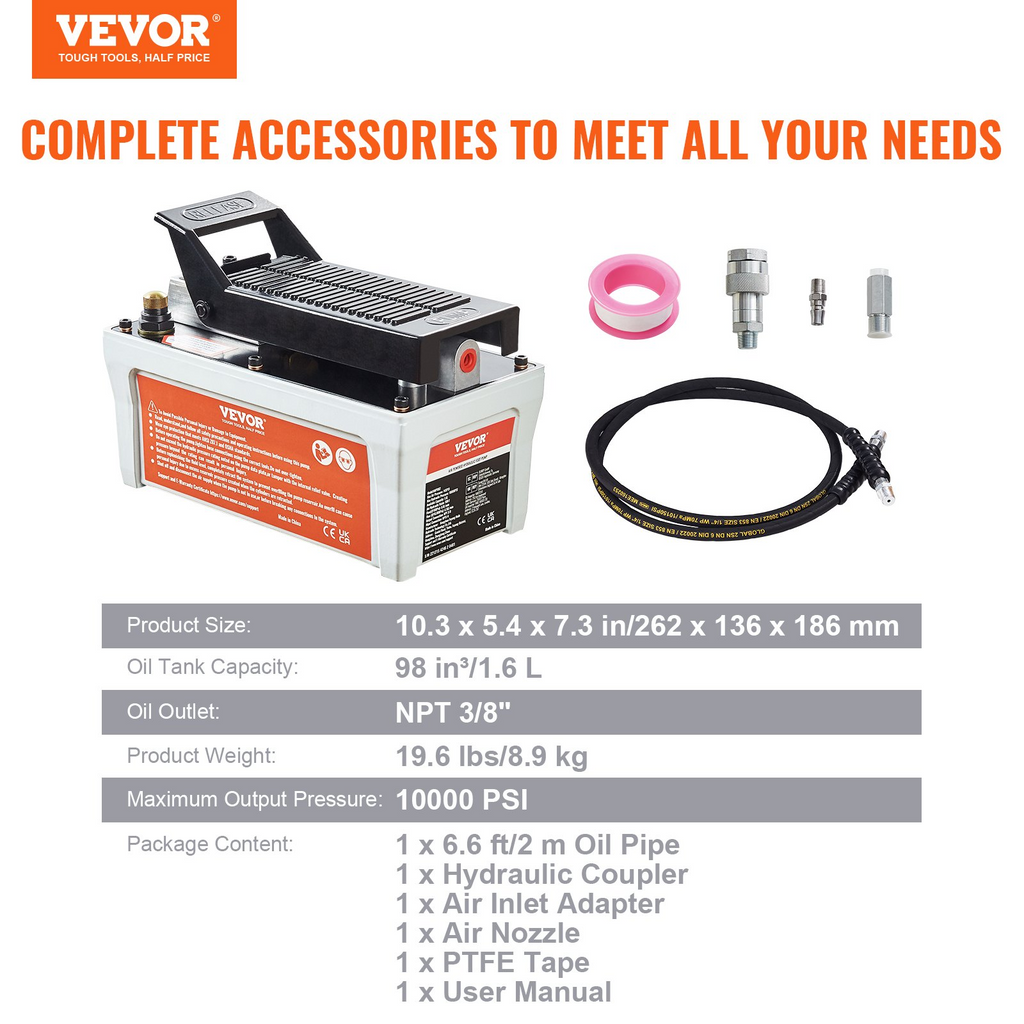 Bomba hidráulica de aire VEVOR, depósito de 10.000 PSI 1/2 gal, salida de aceite NPT 3/8", entrada NPT 1/4", tubo de 6.6 pies, pedal de aire de bomba hidráulica accionada por pie