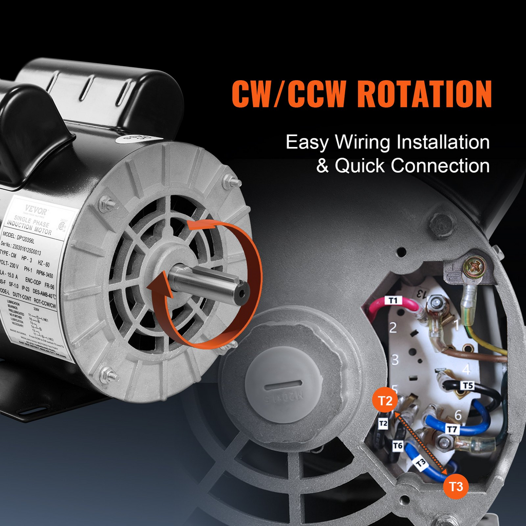 VEVOR Motor eléctrico de compresor de aire de 3 HP, 230 V, 15 amperios, 56 marcos 3450 RPM, eje con llave de 5/8 pulgadas, rotación CW/CCW, longitud del eje de 1,88 pulgadas