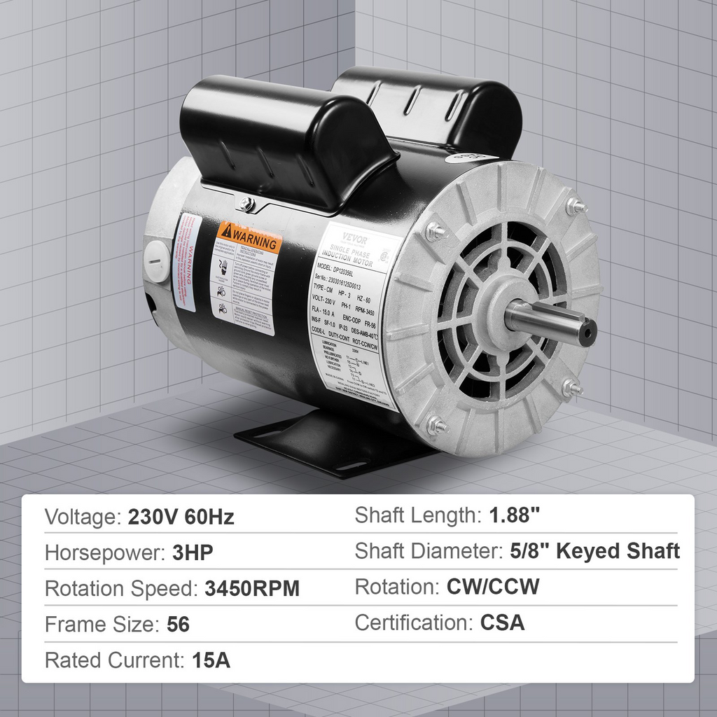 VEVOR Motor eléctrico de compresor de aire de 3 HP, 230 V, 15 amperios, 56 marcos 3450 RPM, eje con llave de 5/8 pulgadas, rotación CW/CCW, longitud del eje de 1,88 pulgadas