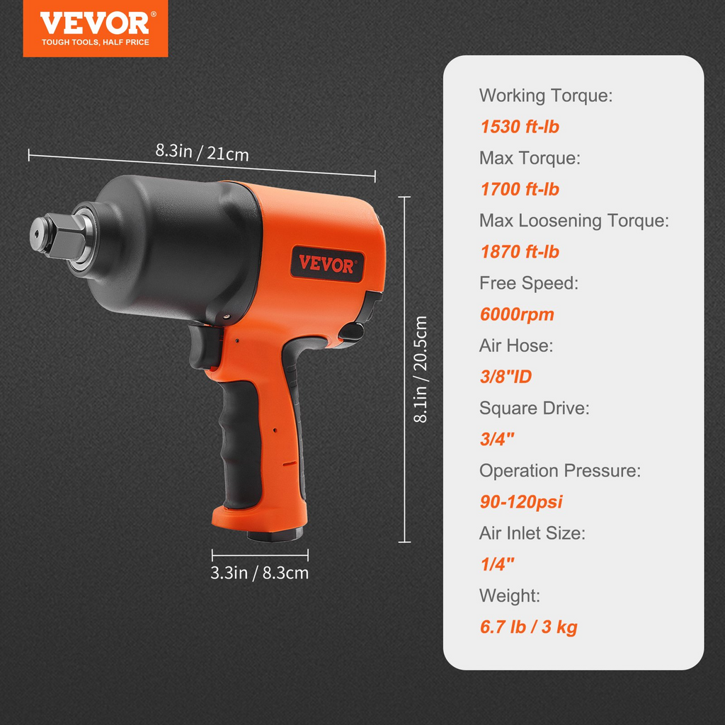 VEVOR Llave de impacto neumática de 3/4" con accionamiento cuadrado, par de torsión de 1870 pies-lb para romper tuercas, 90-120 PSI