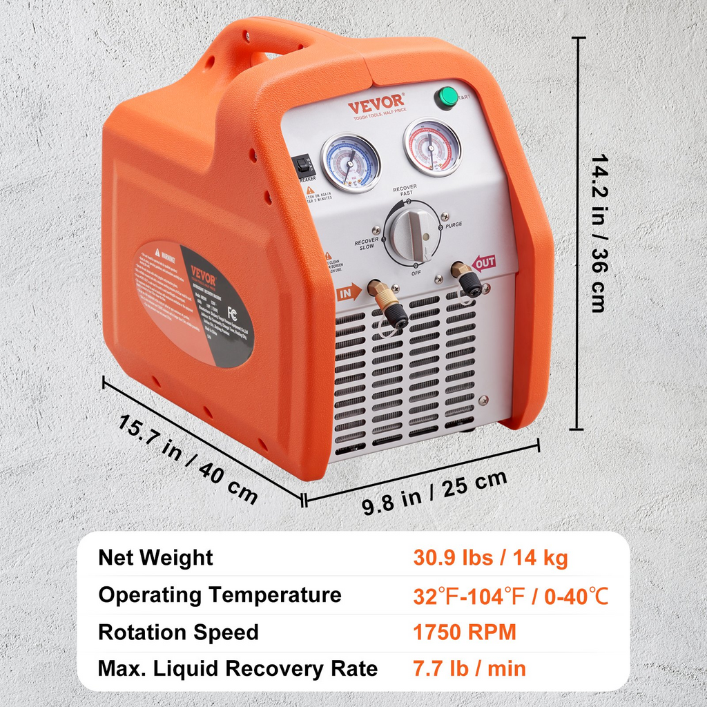 VEVOR Máquina de recuperación de refrigerante de 1 HP, portátil de doble cilindro con protección de alta presión de 120 V 60 Hz