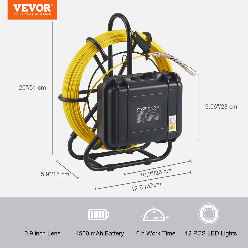 Cámara de Inspección de Tuberías con Pantalla de 9" con Función DVR VEVOR, 230 pies/70 m, , 12 LED Ajustables, Tarjeta SD de 16 GB, IP68 a