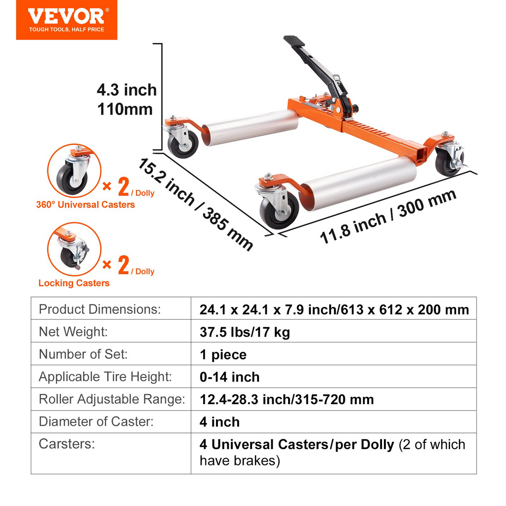 VEVOR Rueda Dolly Posicionamiento de vehículo resistente con pedal de trinquete, Gato de neumático tipo trinquete para coche, camión, RV, remolque, 1500 LBS