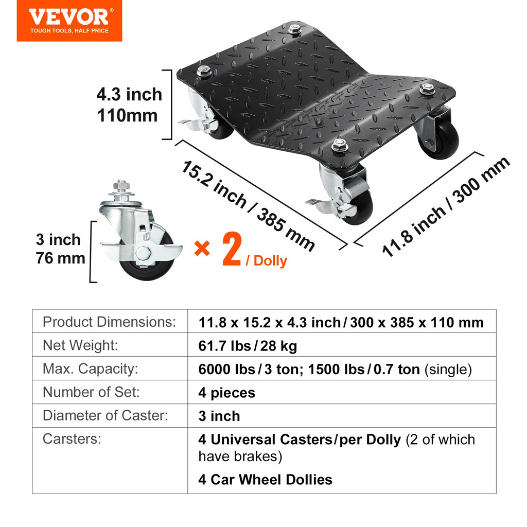 VEVOR Plataforma rodante para ruedas para movimiento de automóviles de 6000 lbs/2722 kg, juego de 4 piezas de estaca