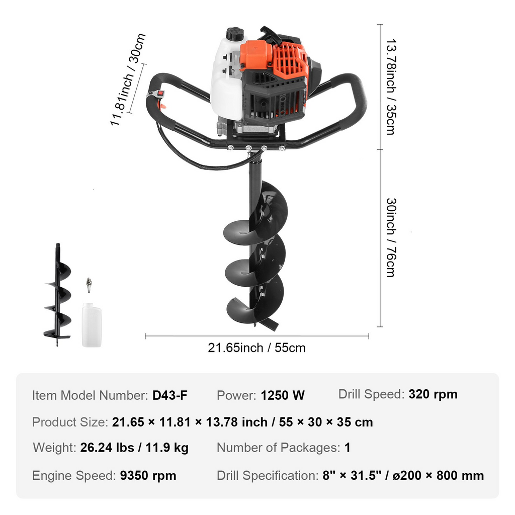 VEVOR Excavadora de agujeros para postes, 43 cc, 1250 W a gas con broca de barrena de tierra de 8 pulgadas, barrena de acero de aleación de 30 pulgadas de largo