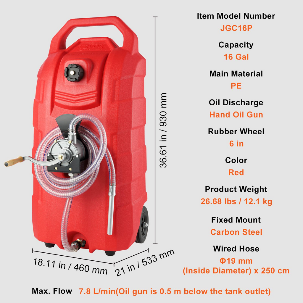 VEVOR Carrito de combustible de 16 galones, 7,8 L/min, contenedor portátil de tanque de almacenamiento de gas con bomba manual ruedas de goma