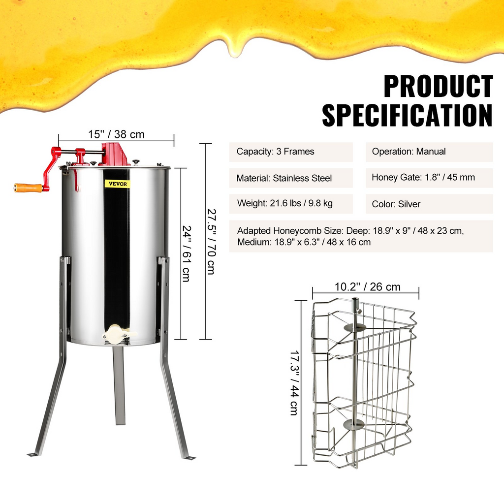 VEVOR Extractor de miel manual, de 3 marcos, extracción de apicultura de acero inoxidable, tambor de panal con tapa, equipo de centrífuga apiario con soporte ajustable en altura