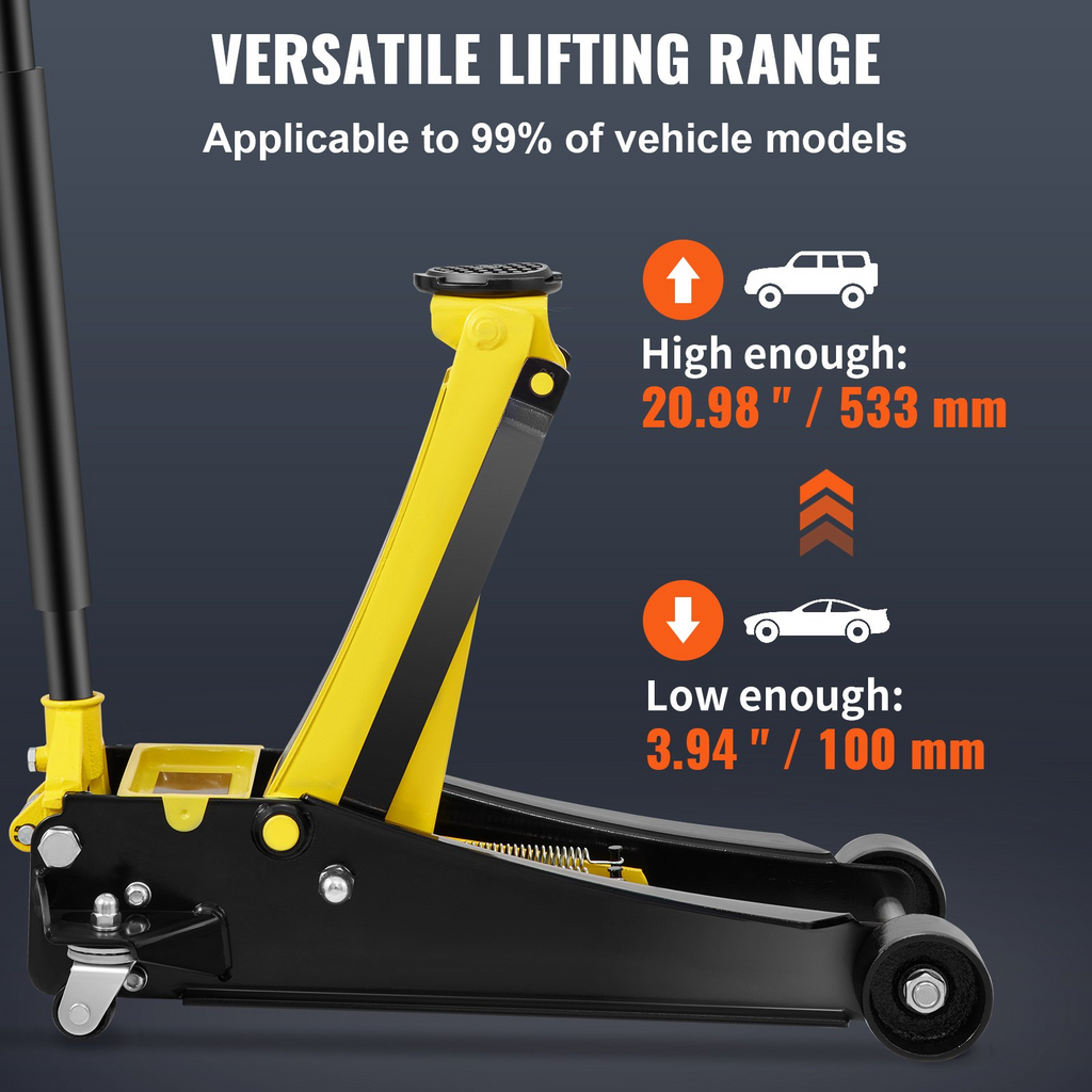 VEVOR Gato de piso perfil bajo de 4 toneladascon bomba de elevación rápida de pistones dobles, rango de elevación del gato de piso 3.35"-19.69"