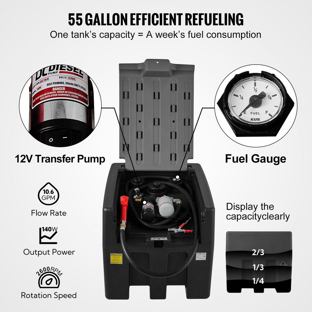 VEVOR Tanque diésel portátil, capacidad de 58 galones y caudal de 10 GPM, con bomba de transferencia eléctrica de 12 V y manguera de goma de 13.1 pies