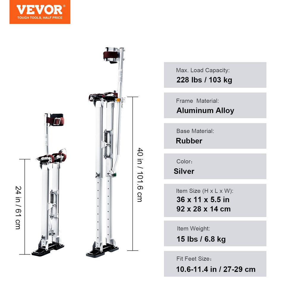 VEVOR Zancos para paneles de yeso Zancos para herramientas de aluminio 24''-40'' Pintura ajustable Plata