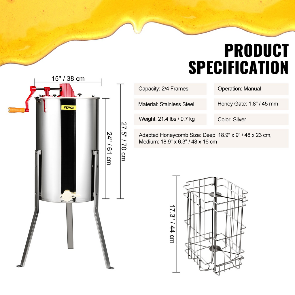 VEVOR Extractor de miel manual, 2/4 marcos, extracción de apicultura de acero inoxidable, tambor de panal con tapa, equipo de centrífuga apiario con soporte ajustable en altura