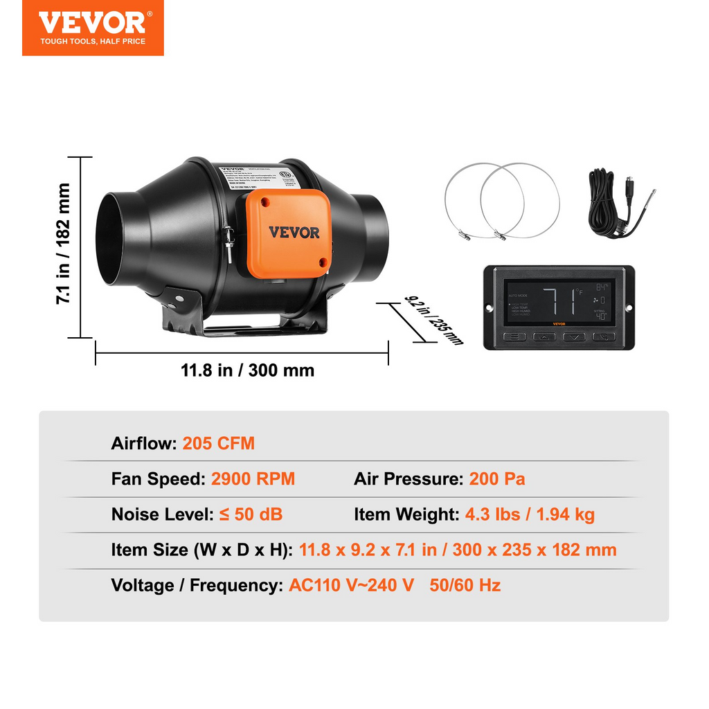 VEVOR Ventilador de conducto en línea, ventilador de escape de ventilación silencioso con motor EC de 4 pulgadas y 205 CFM, con controlador de temperatura y humedad