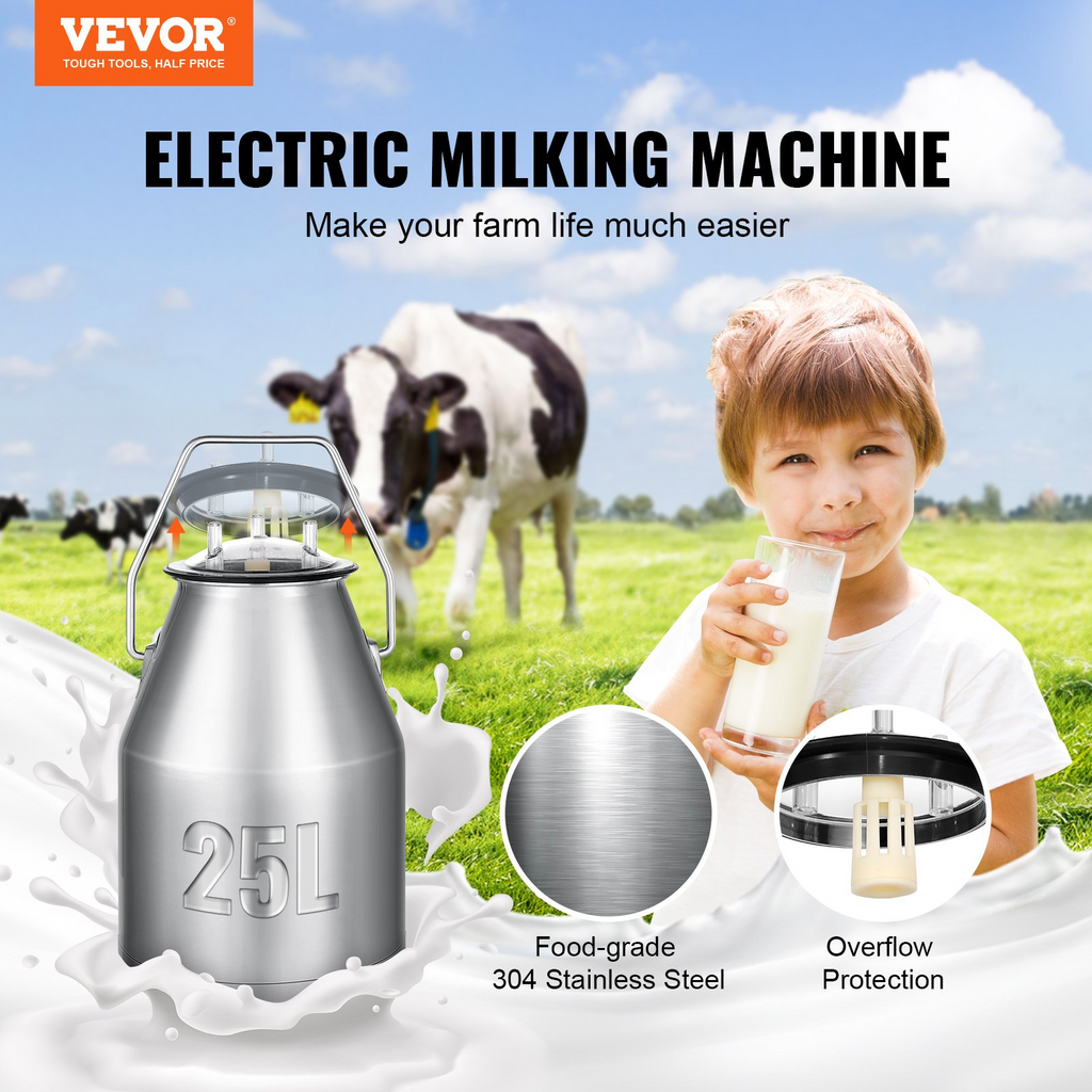 VEVOR Ordeñadora Eléctrica para Vacas, Cubo de Acero Inoxidable 304 de 6,6 Gal/25 L