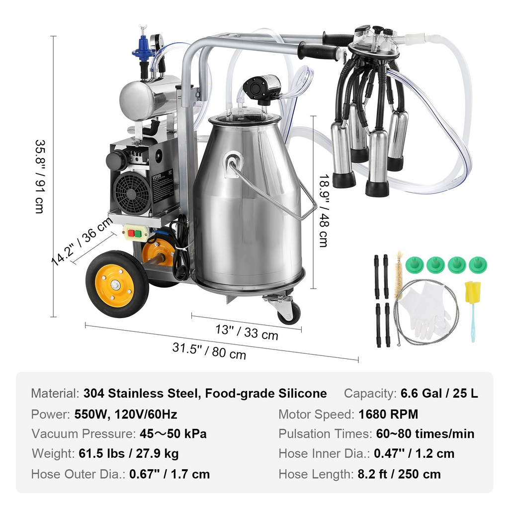 VEVOR Ordeñadora Eléctrica para Vacas, Cubo de Acero Inoxidable 304 de 6,6 Gal/25 L