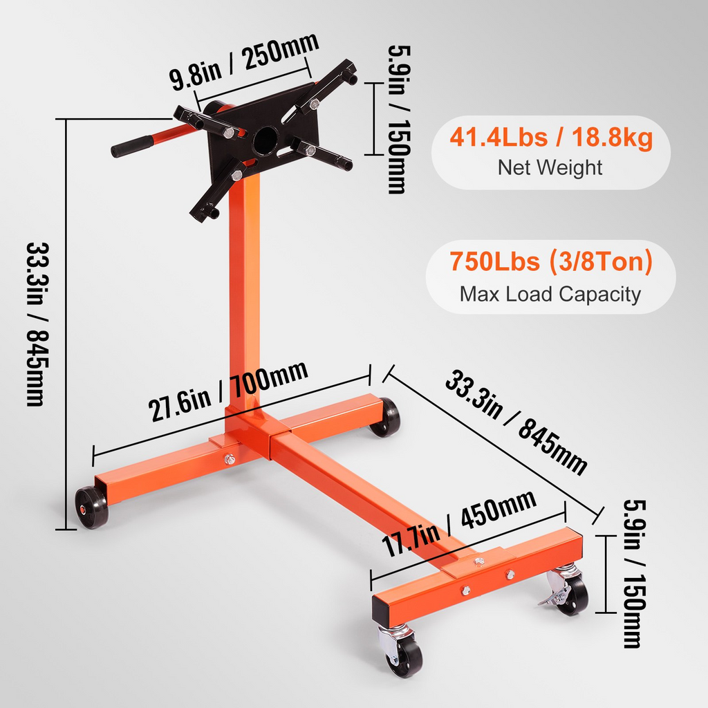 VEVOR Soporte de motor giratorio de 750 libras (3/8 toneladas) con cabezal ajustable de 360 grados, plataforma rodante de elevación de motor de hierro fundido, 4 ruedas, 4 brazos ajustables