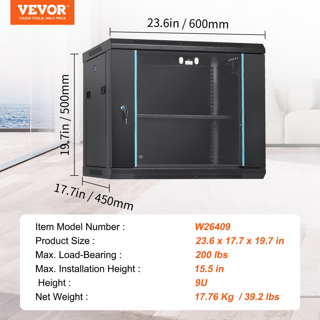 VEVOR Gabinete para servidor de red de montaje en pared 9U, 15.5'' de profundidad, 200 lbs máx