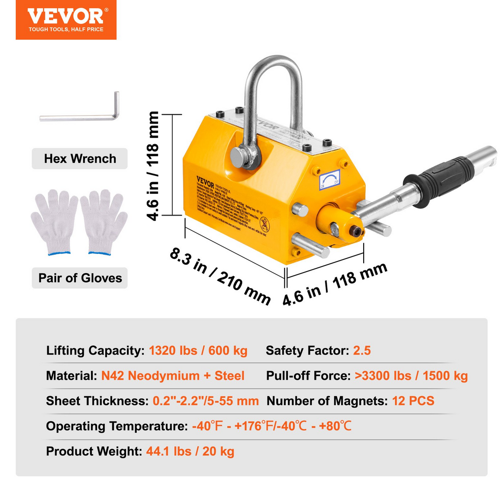 VEVOR Elevador magnético, capacidad de tracción de 1320 lbs/600 kg, factor de seguridad 2,5, acero y neodimio, imán de elevación con liberación