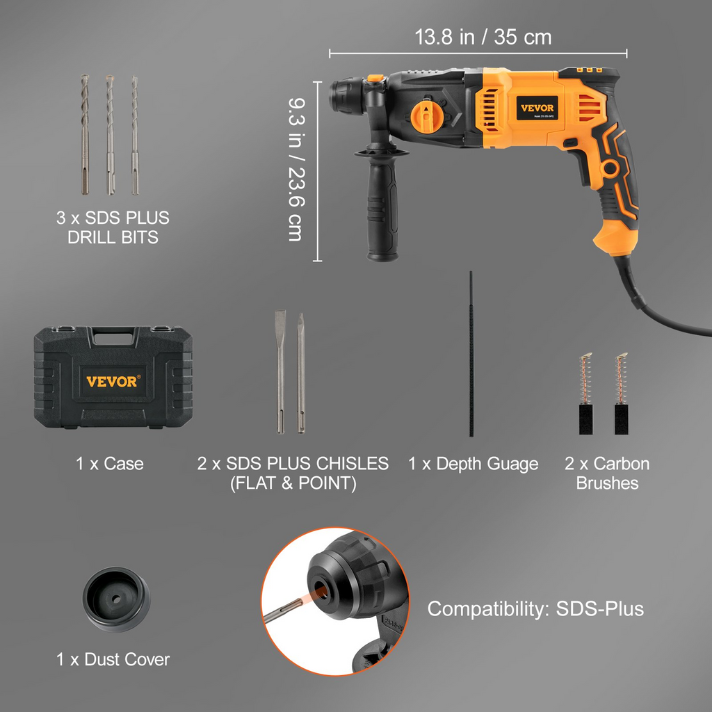 VEVOR Taladro percutor perforador Taladros con cable 1" 4 modos Martillos cinceladores SDS-Plus