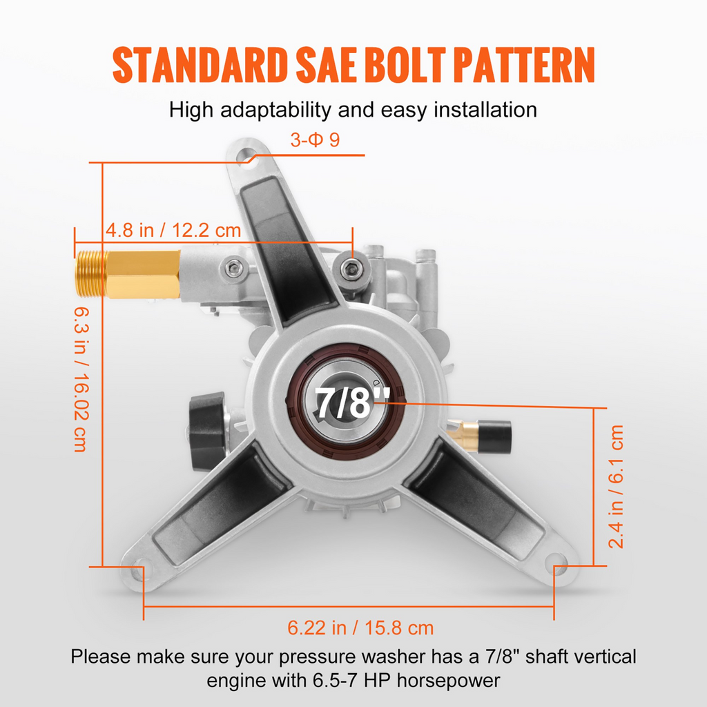 VEVOR Pressure Washer Pump, 7/8" Shaft Vertical, 3400 PSI, 2.5 GPM, Replacement Power Washer Pumps Kit, Parts Washer Pump, Compatible with Honda, Simpson, RYOBI, Briggs & Stratton, Subaru, Craftsman