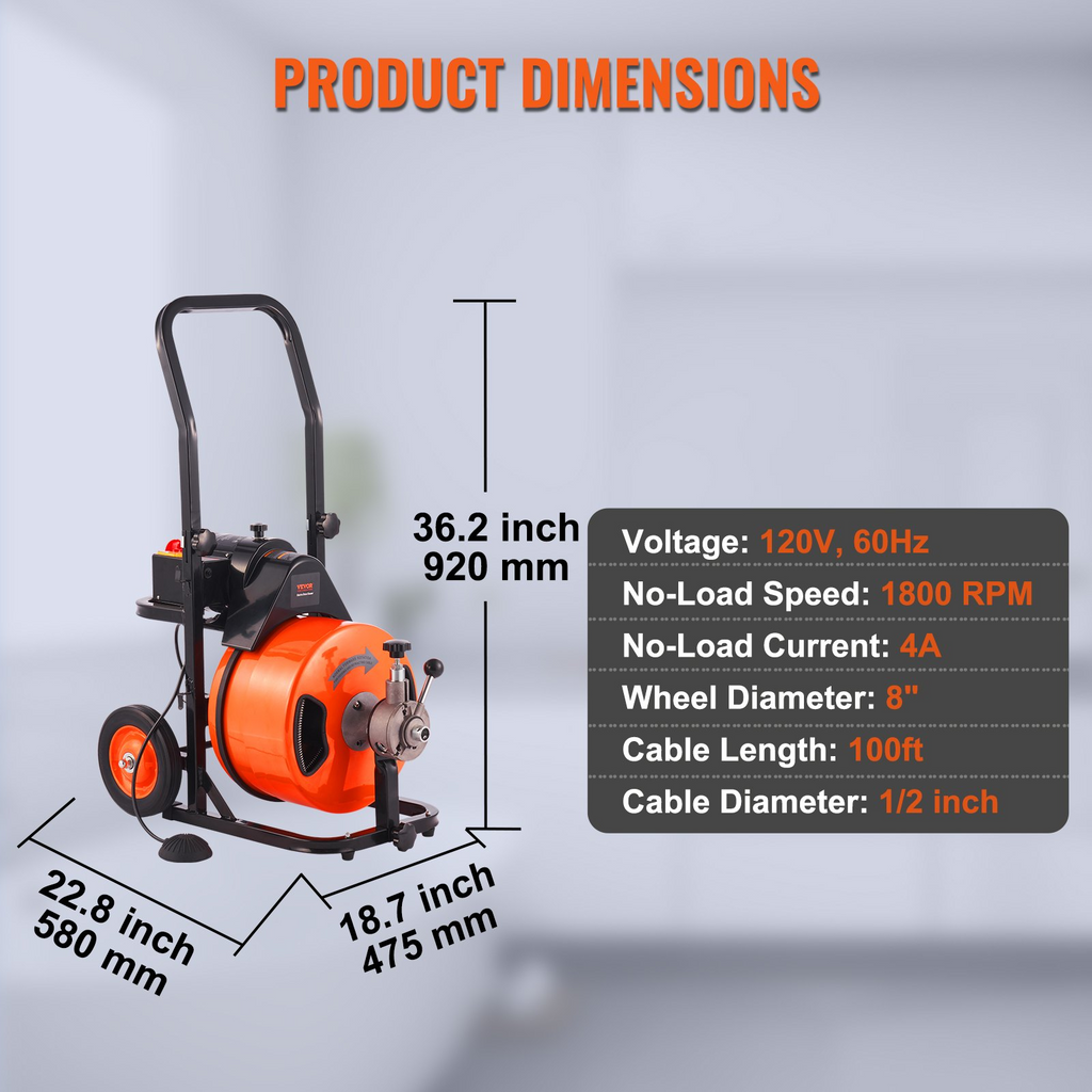 VEVOR Máquina limpiadora de drenaje de 100 pies x 1/2 pulgada, alimentación automática de barrena de alcantarillado con 4 cortadores e interruptor de pie activado por aire