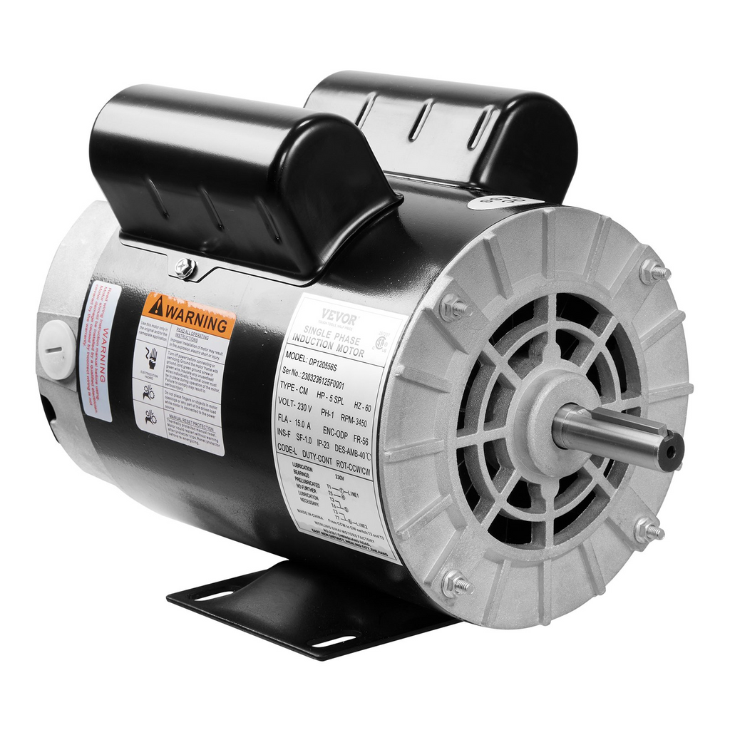 VEVOR motor eléctrico, 5HP SPL  230V 15.0Amps, 56 marco 3450RPM, eje con llave de 5/8", rotación CW/CCW, longitud del eje de 1.88"