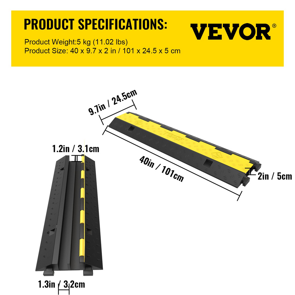 VEVOR Rampa Protectora de Cable de Goma 3 pzas, Cubierta Protectora para Cable de Manguera de Alambre Resistente, Rampas, Tope de Velocidad para Entrada de Piso, Paquete de 3, 2 Canales, 11000 Libras