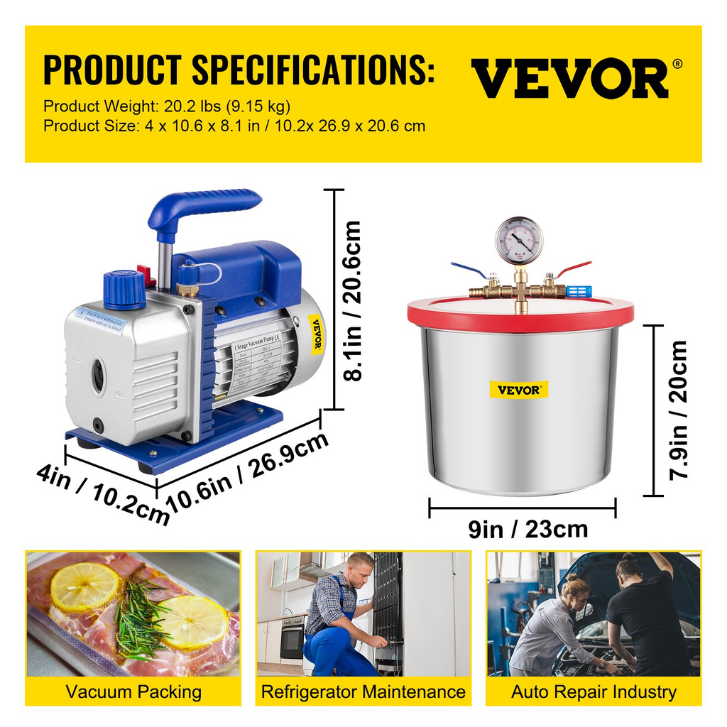 VEVOR Vacuum Chamber with Pump, 2 Gallon Vacuum Chamber, 3CFM 1/4HP Vacuum Pump with High-Capacity 2 Gallon Vacuum Chamber, Vacuum Degassing Chamber Kit for Automobile Maintenance, Vacuum Packaging